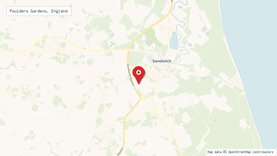 Street map of Poulders Gardens, England with location pin