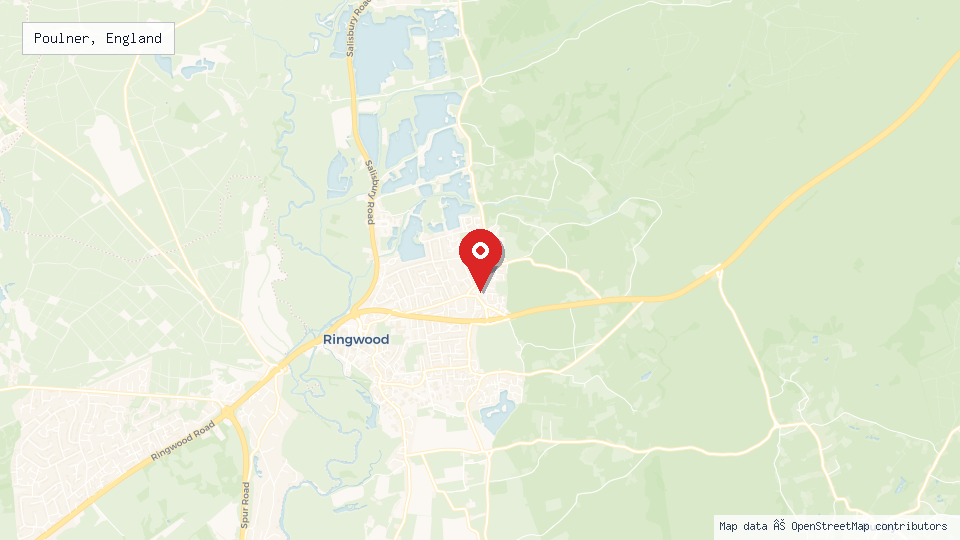 Street map of Poulner, England with location pin