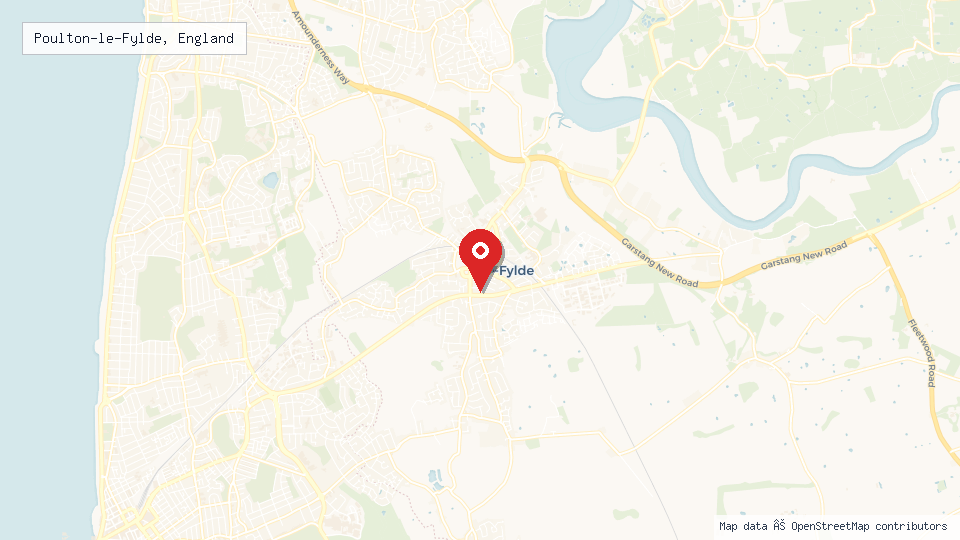 Street map of Poulton-le-Fylde, England with location pin
