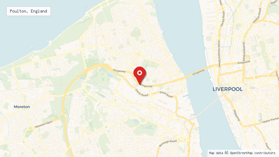 Street map of Poulton, England with location pin