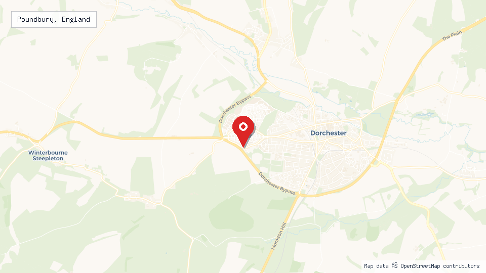 Street map of Poundbury, England with location pin