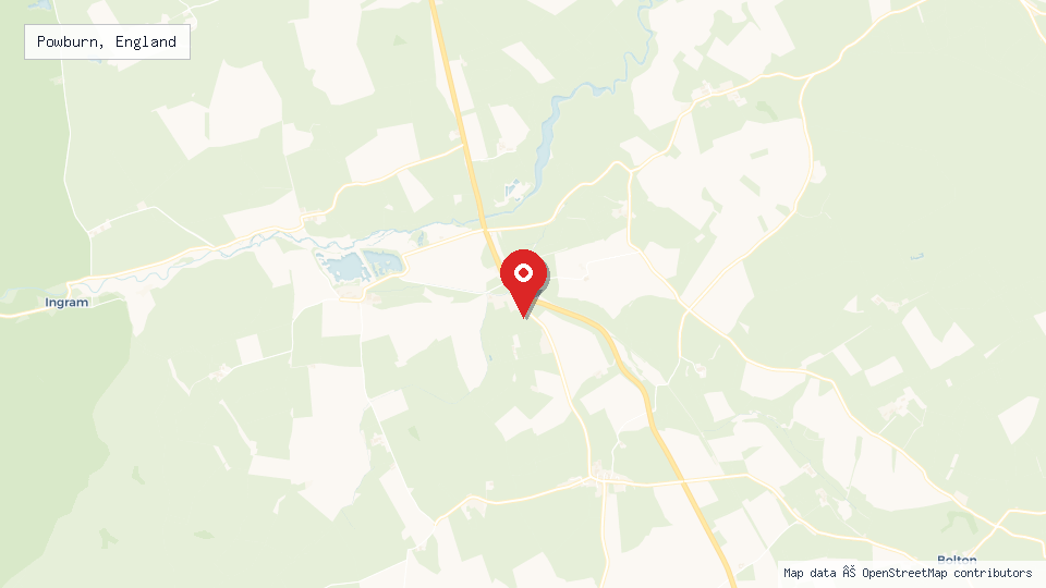 Street map of Powburn, England with location pin