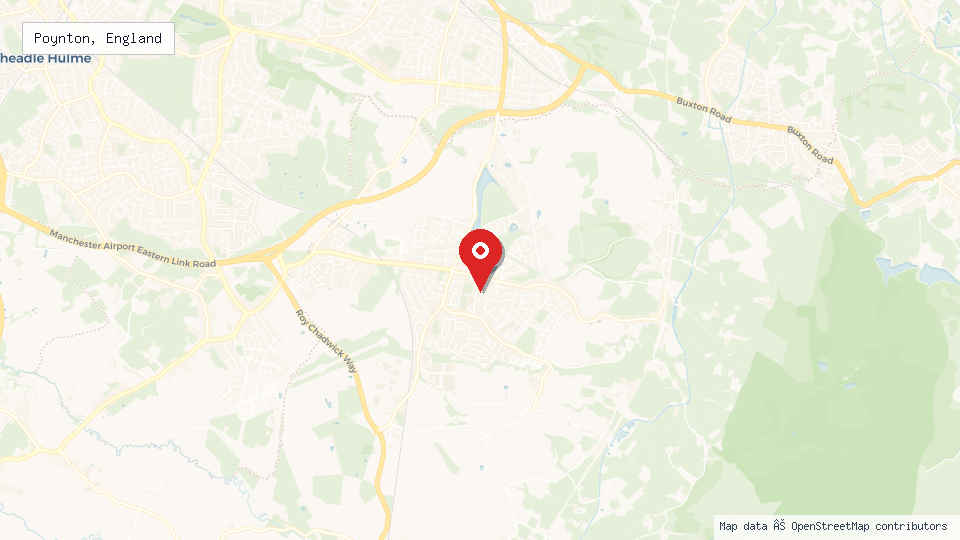 Street map of Poynton, England with location pin