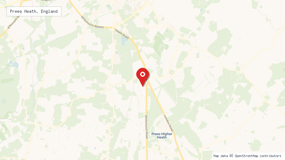 Street map of Prees Heath, England with location pin
