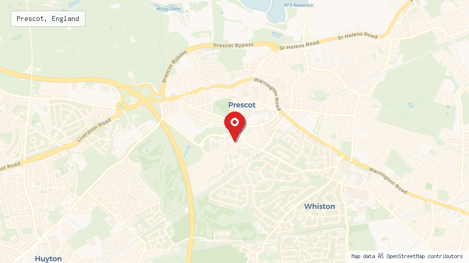 Street map of Prescot, England with location pin