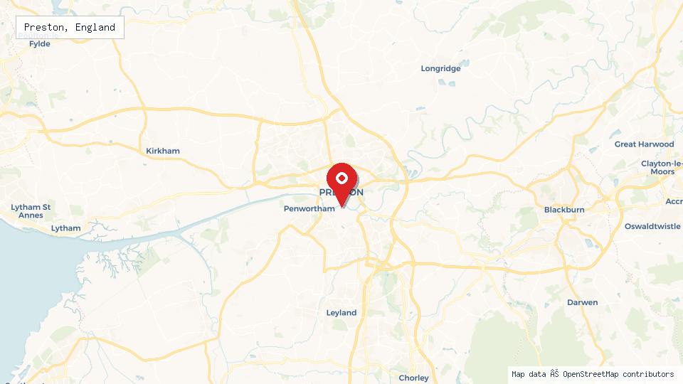 Street map of Preston, England with location pin
