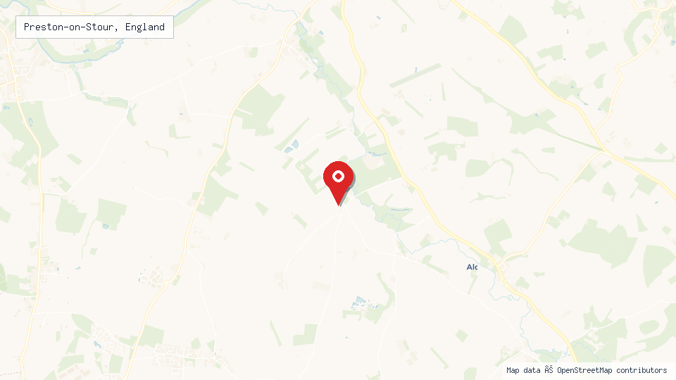 Street map of Preston-on-Stour, England with location pin