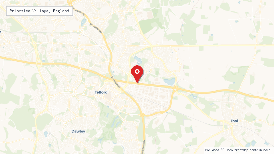 Street map of Priorslee Village, England with location pin