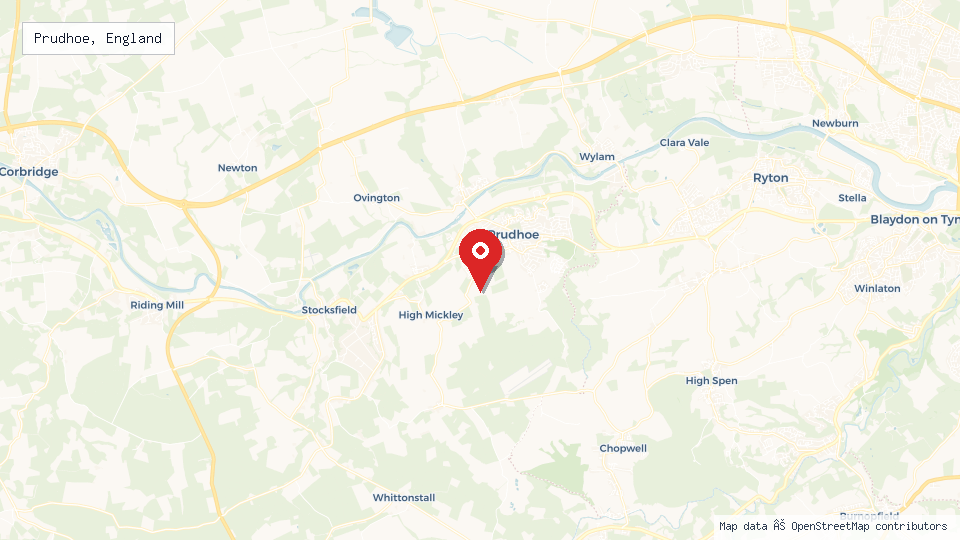 Street map of Prudhoe, England with location pin