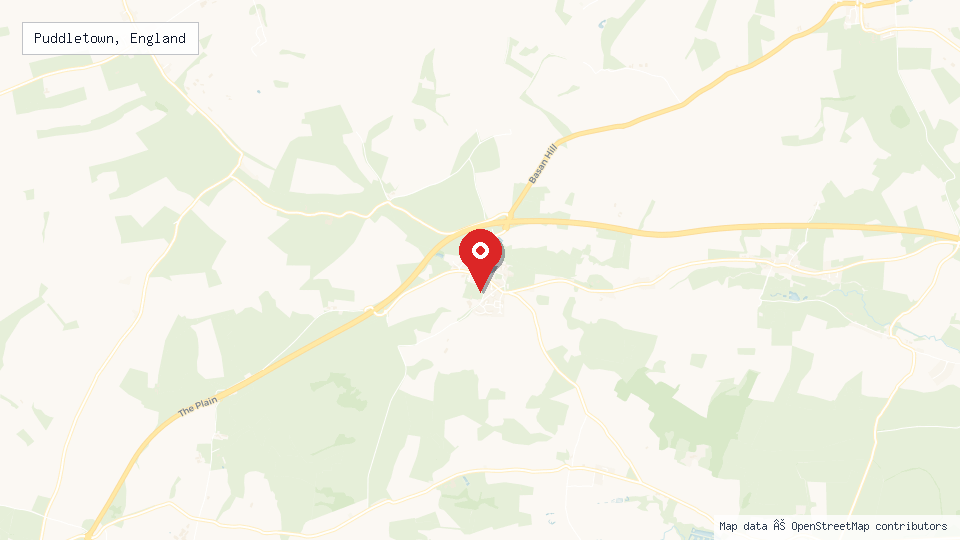 Street map of Puddletown, England with location pin