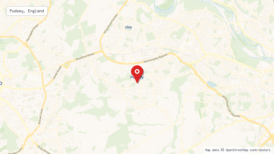 Street map of Pudsey, England with location pin