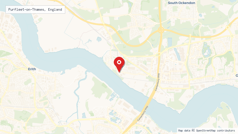 Street map of Purfleet-on-Thames, England with location pin