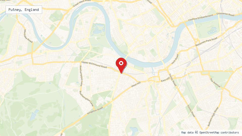Street map of Putney, England with location pin