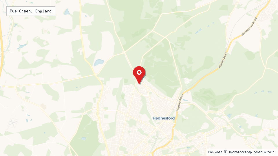 Street map of Pye Green, England with location pin