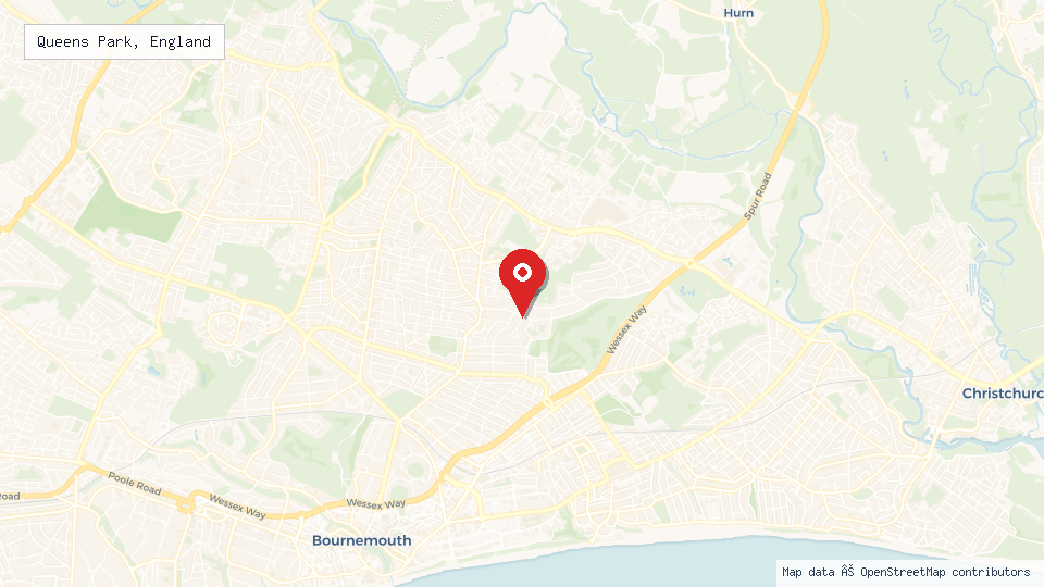 Street map of Queens Park, England with location pin