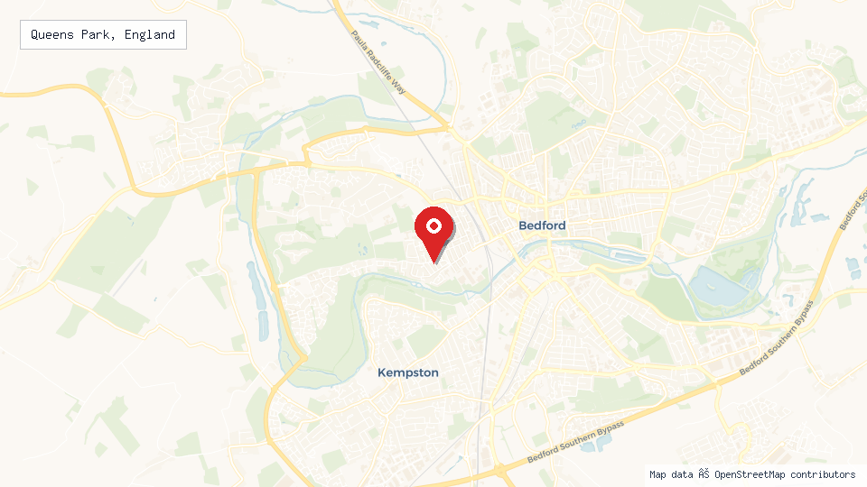 Street map of Queens Park, England with location pin