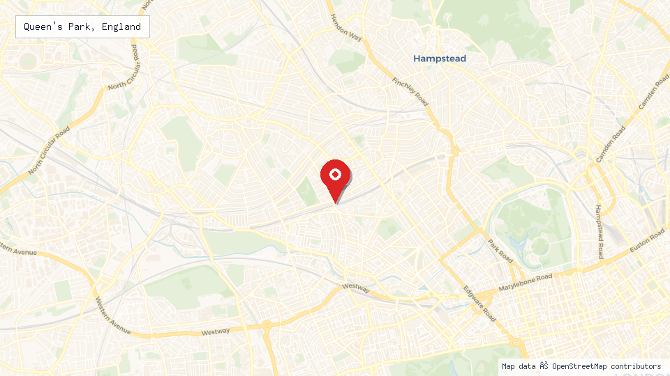 Street map of Queen's Park, England with location pin