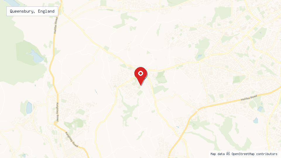 Street map of Queensbury, England with location pin
