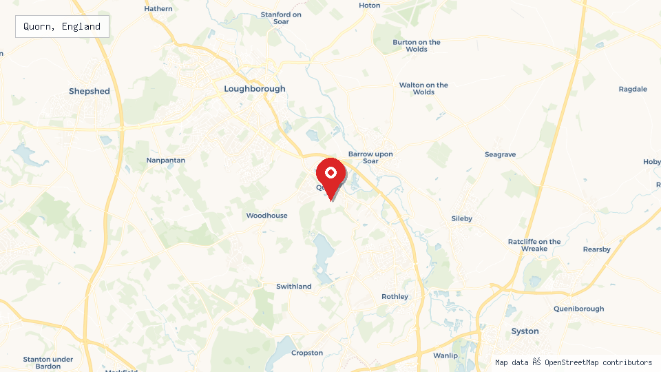 Street map of Quorn, England with location pin