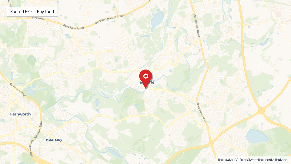 Street map of Radcliffe, England with location pin