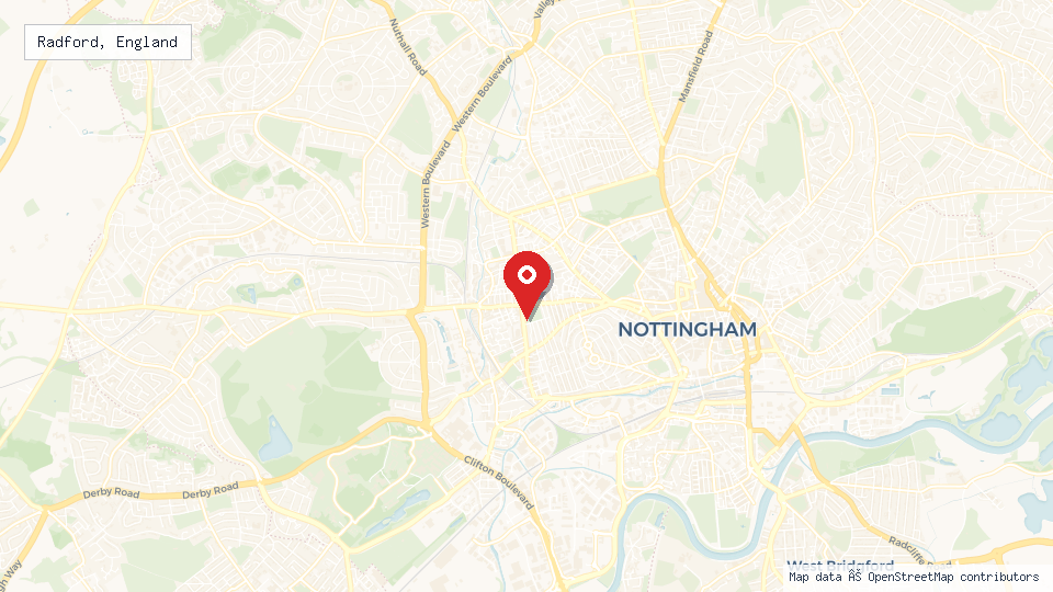Street map of Radford, England with location pin