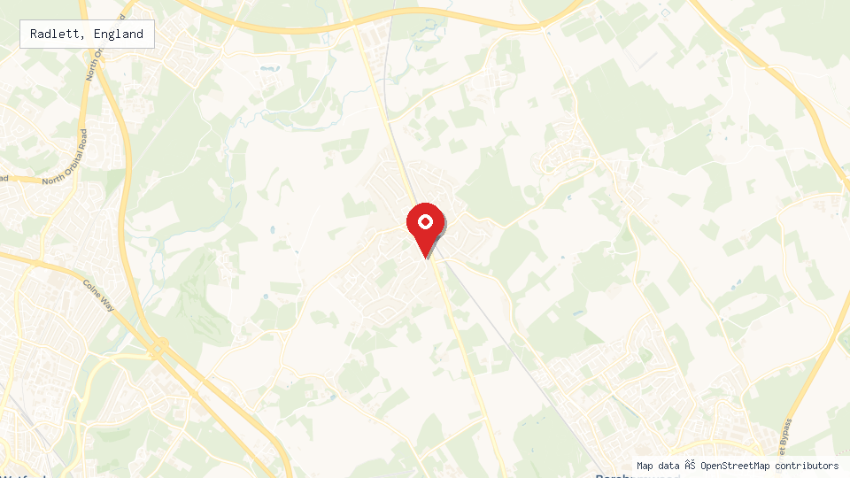 Street map of Radlett, England with location pin