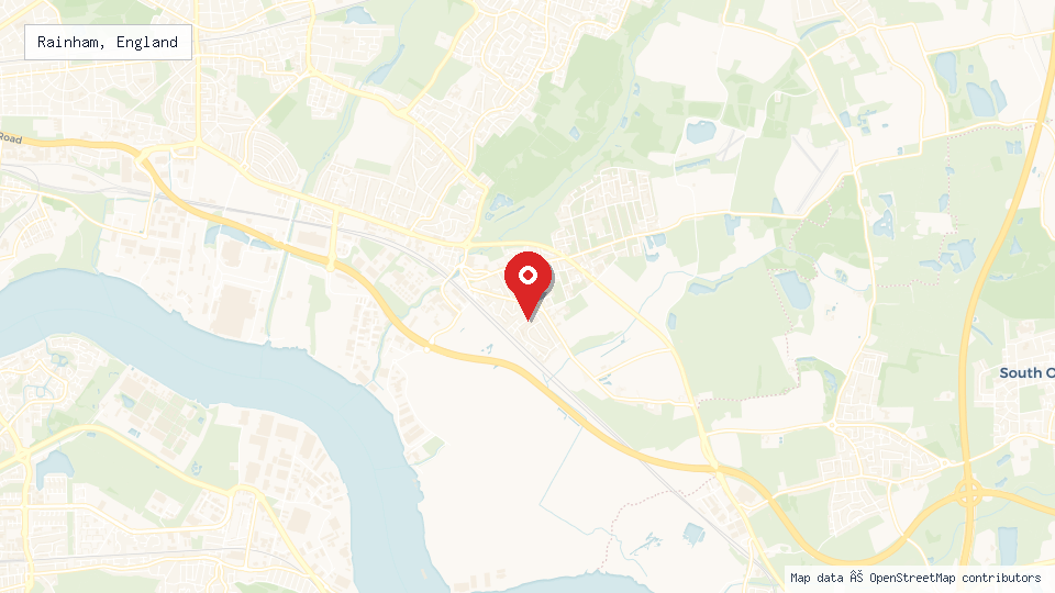 Street map of Rainham, England with location pin