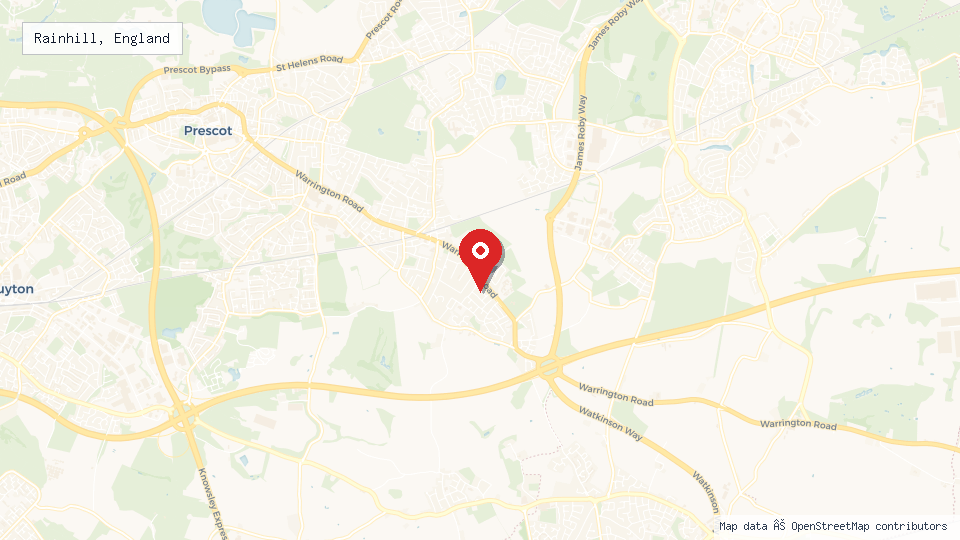 Street map of Rainhill, England with location pin