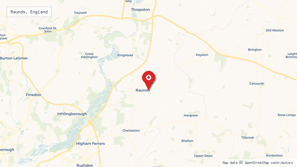 Street map of Raunds, England with location pin
