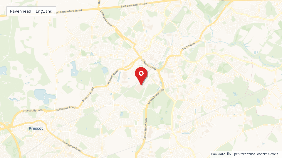 Street map of Ravenhead, England with location pin