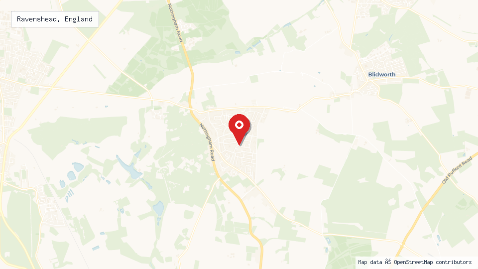 Street map of Ravenshead, England with location pin