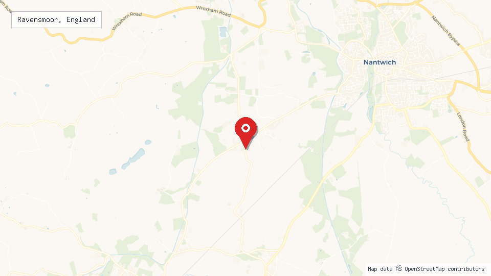 Street map of Ravensmoor, England with location pin