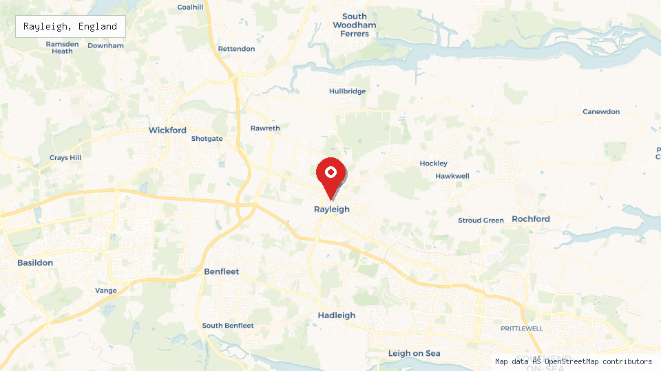 Street map of Rayleigh, England with location pin