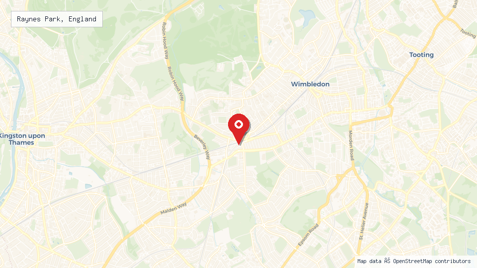 Street map of Raynes Park, England with location pin