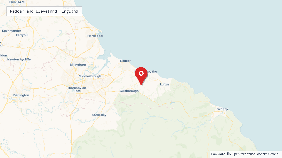 Street map of Redcar and Cleveland, England with location pin