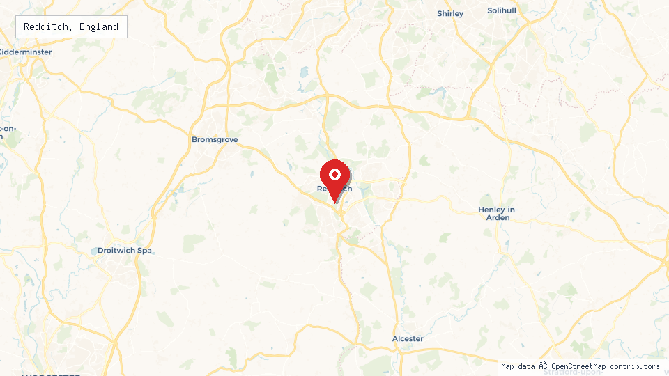 Street map of Redditch, England with location pin