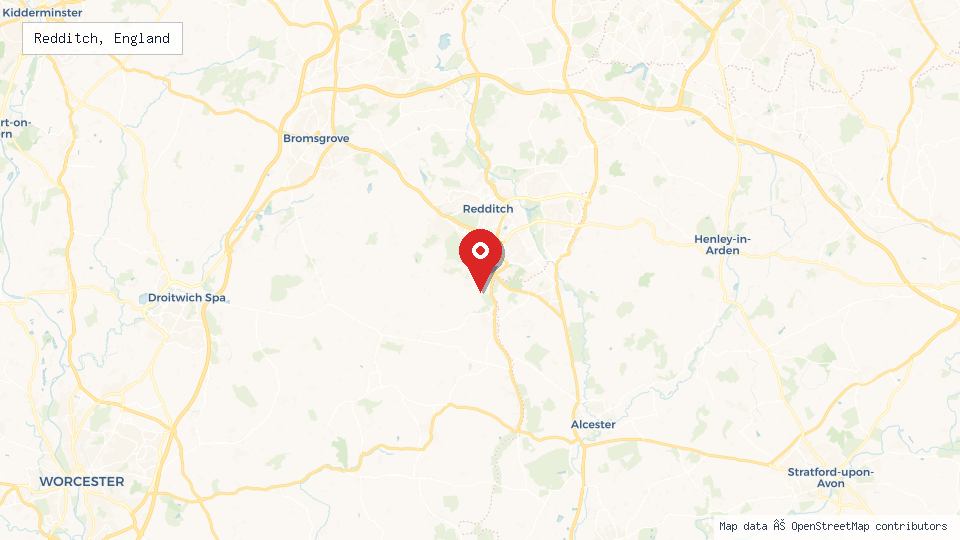 Street map of Redditch, England with location pin