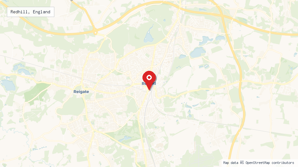 Street map of Redhill, England with location pin