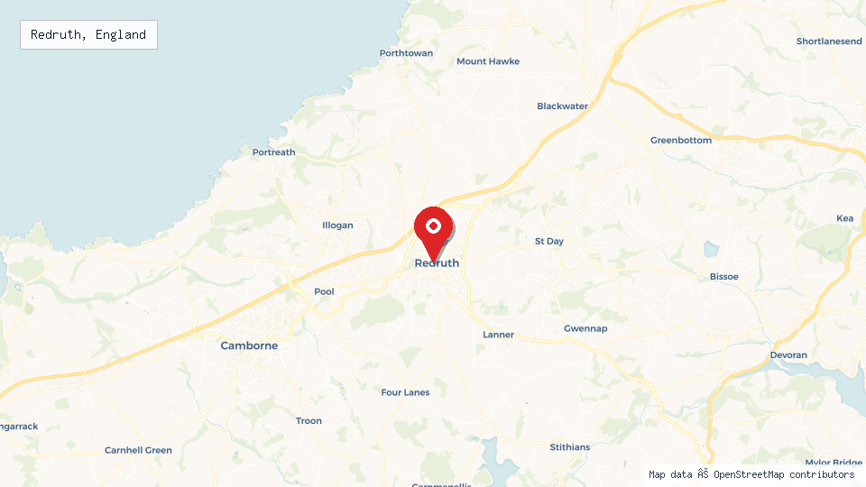Street map of Redruth, England with location pin