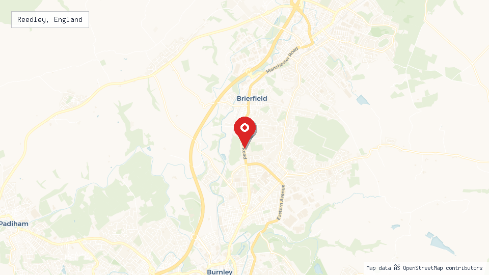 Street map of Reedley, England with location pin