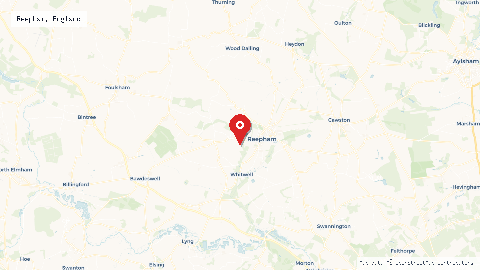 Street map of Reepham, England with location pin