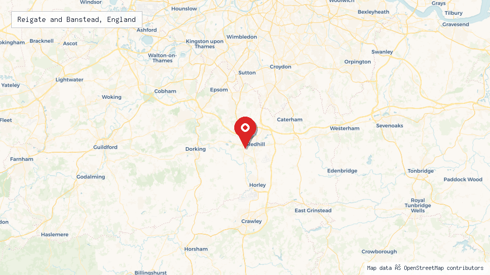 Street map of Reigate and Banstead, England with location pin