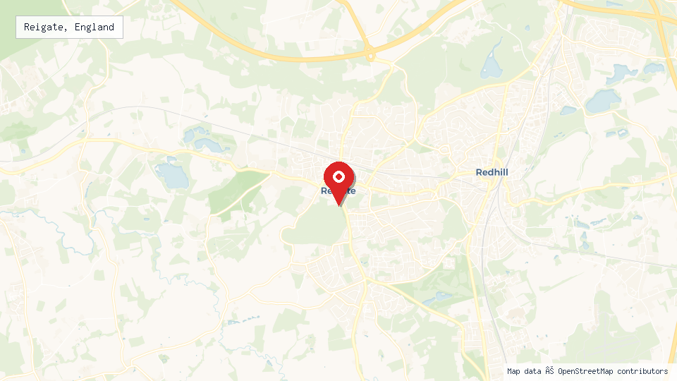 Street map of Reigate, England with location pin