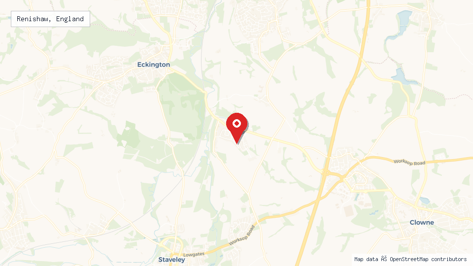 Street map of Renishaw, England with location pin