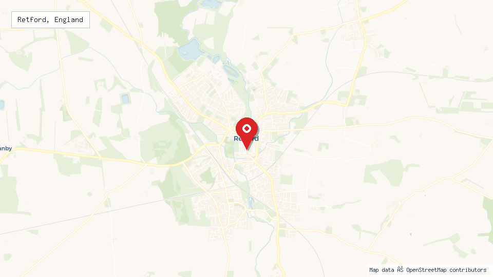 Street map of Retford, England with location pin