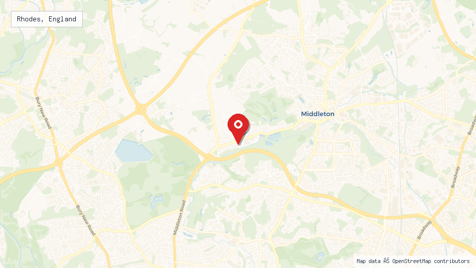 Street map of Rhodes, England with location pin