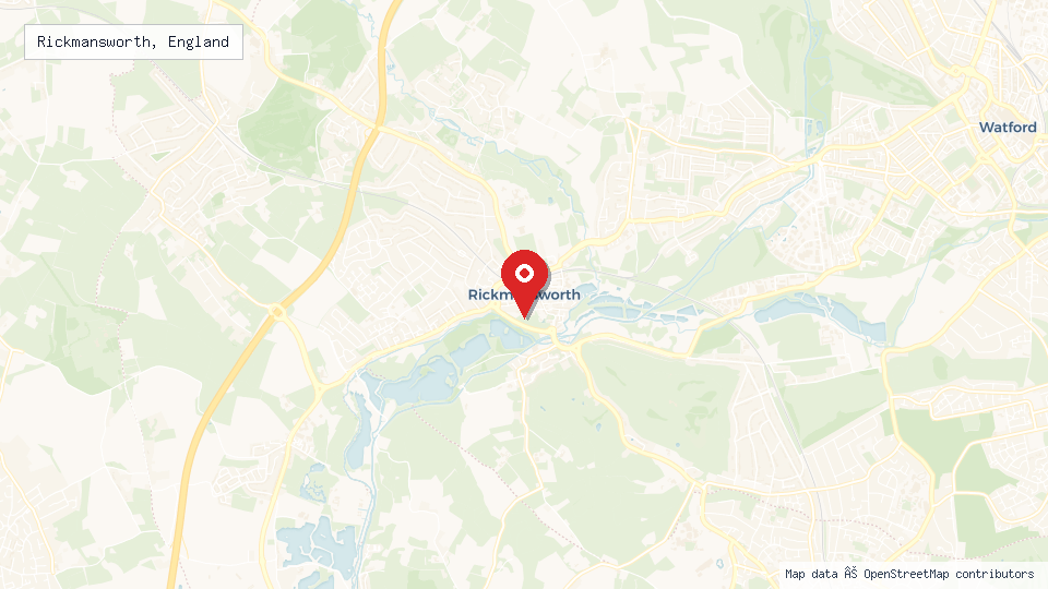 Street map of Rickmansworth, England with location pin