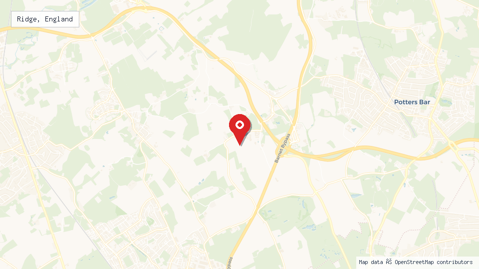 Street map of Ridge, England with location pin
