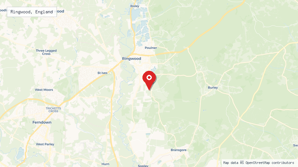 Street map of Ringwood, England with location pin