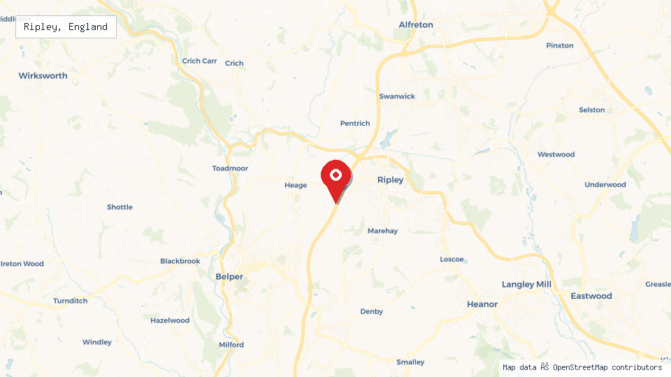 Street map of Ripley, England with location pin